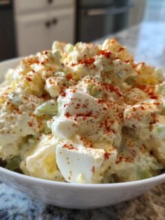 A white bowl filled with creamy potato salad, topped with paprika, perfect for 4th Of July Side Dishes.