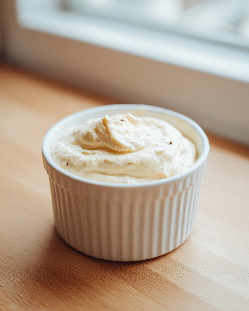 A small white ramekin filled with creamy, pale yellow Roasted Garlic Aioli, sitting on a light wooden surface near a window.