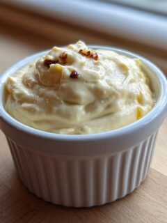 A close-up of thick, creamy Roasted Garlic Aioli served in a small white fluted ramekin, topped with roasted garlic bits.