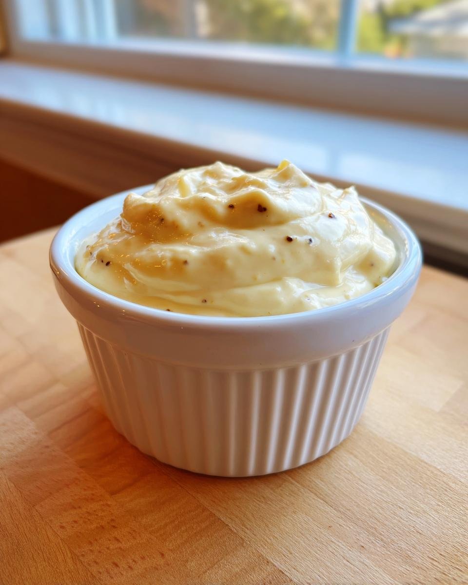 A close-up of thick, creamy Roasted Garlic Aioli speckled with pepper in a white fluted ramekin.