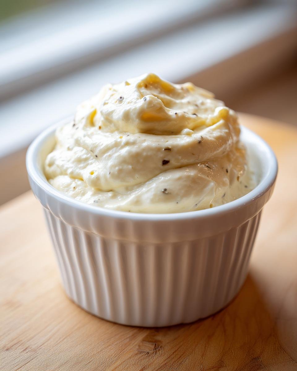 A close-up of thick, creamy Roasted Garlic Aioli swirled high in a white fluted ramekin.