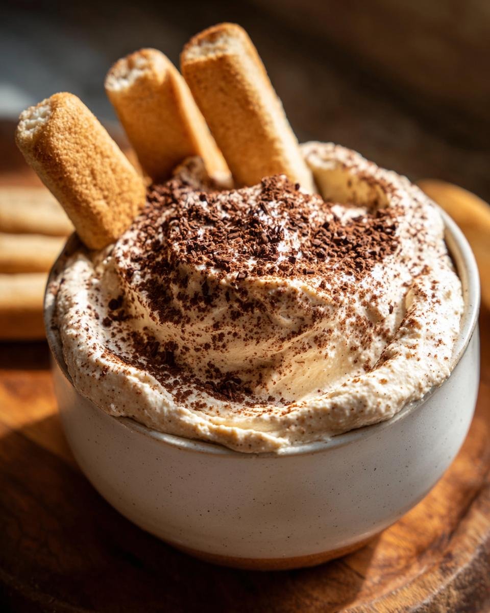 A close-up of creamy Tiramisu Dip topped with cocoa powder and served with ladyfinger cookies for dipping.