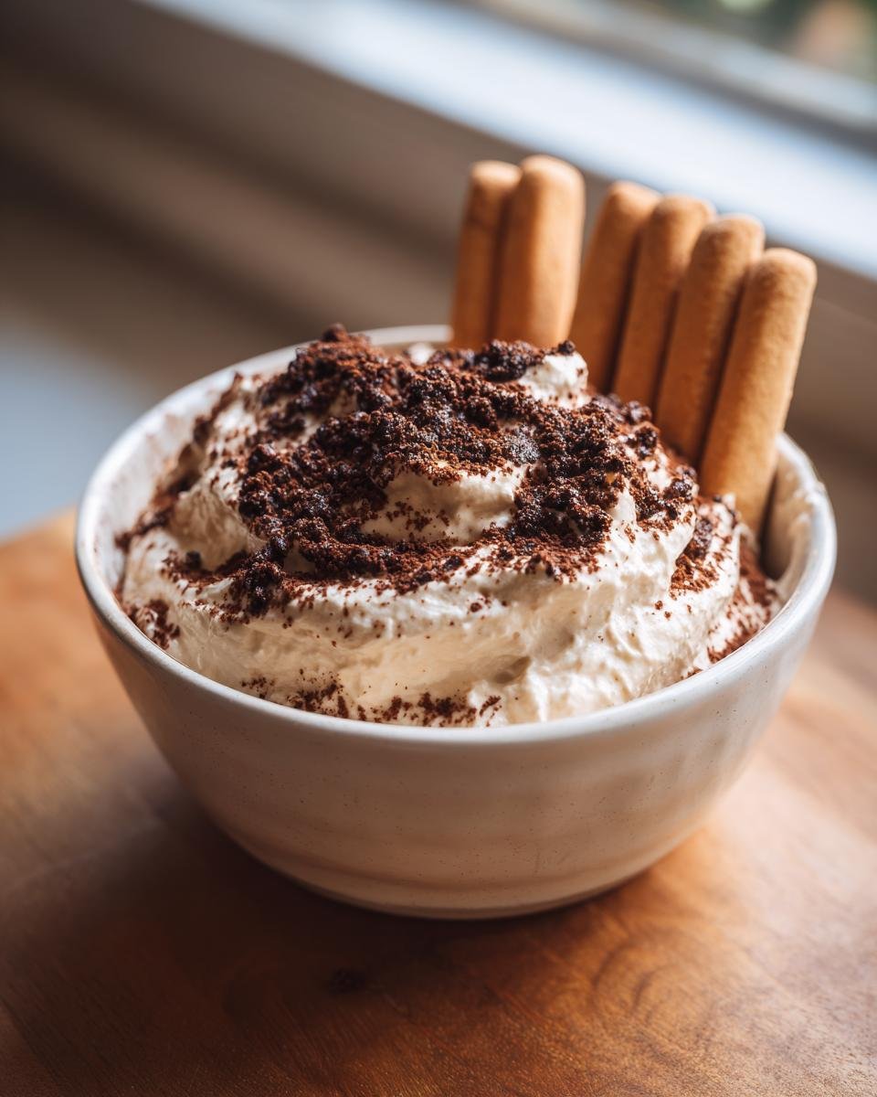 A close-up of a white bowl filled with creamy Tiramisu Dip, topped with cocoa powder and served with ladyfinger cookies.