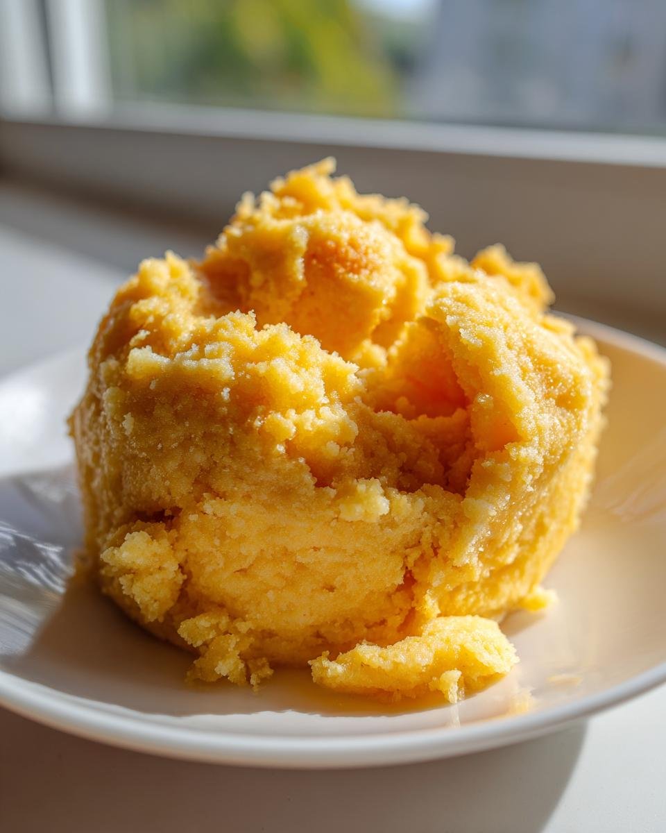 A scoop of bright yellow, creamy polenta served on a white plate, highlighted by natural sunlight.