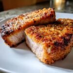 Two thick-cut, golden-brown, breaded pork chops, one sliced to show the juicy interior, perfect for Keto Pork Chop Recipes.