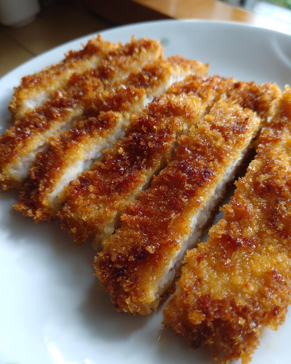 Close-up of golden brown, crispy Pork Katsu cut into thick slices on a white plate.
