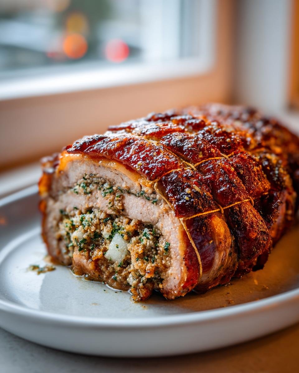 Close-up of a beautifully roasted and tied Stuffed Pork Loin with crispy crackling and savory herb stuffing visible.