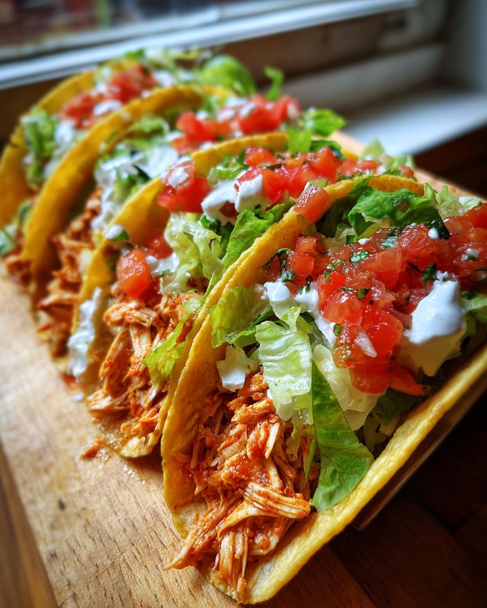 A row of crispy tacos filled with shredded chicken, lettuce, salsa, and sour cream, perfect for Street Food Recipes.