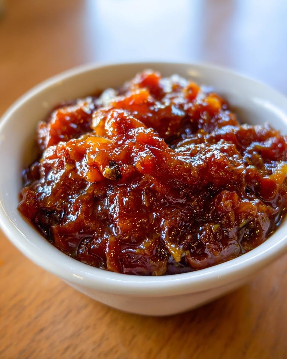 A close-up shot of a small white bowl filled with thick, dark amber, chunky fruit relish recipes.