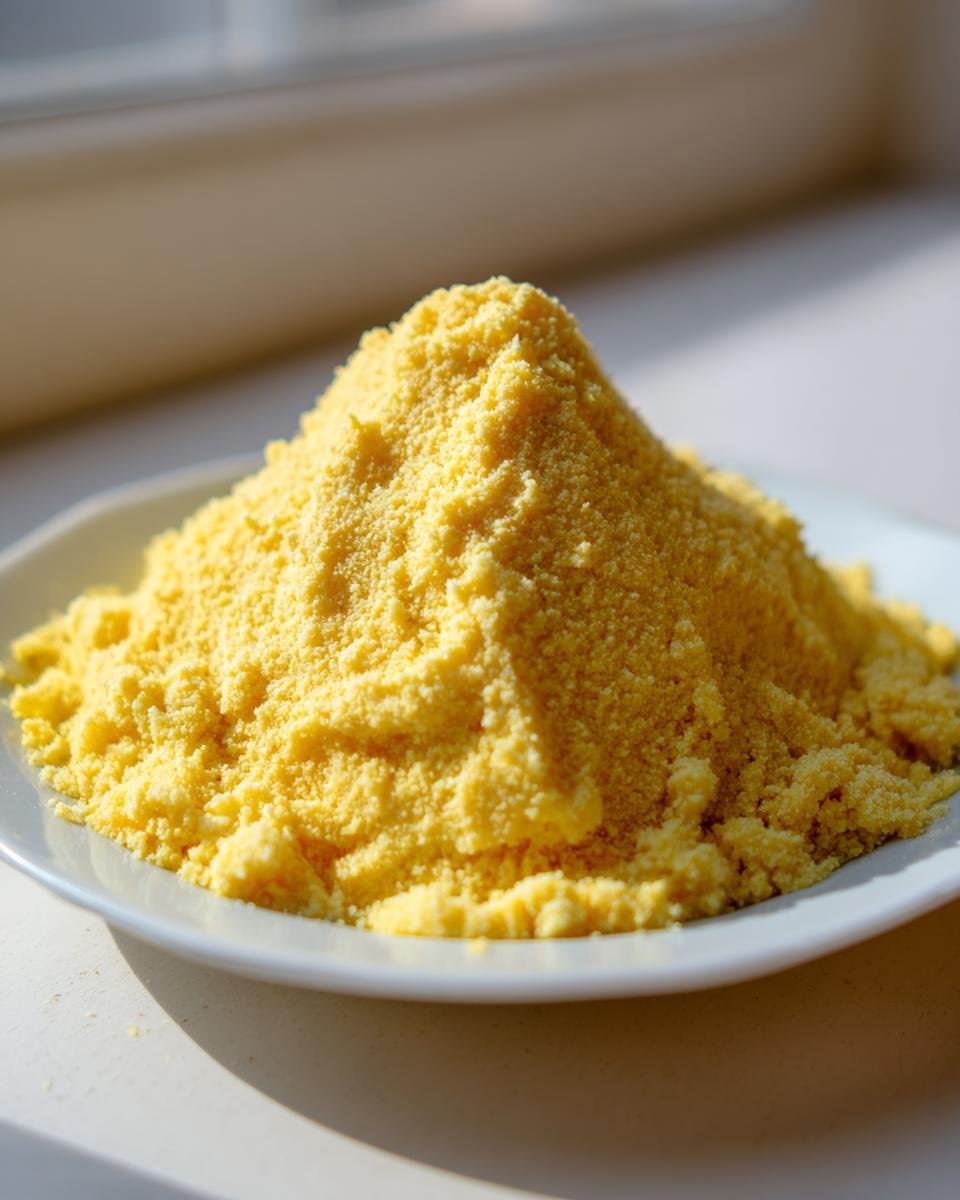 A mound of dry, yellow cornmeal used for Polenta Recipes piled high on a white plate.