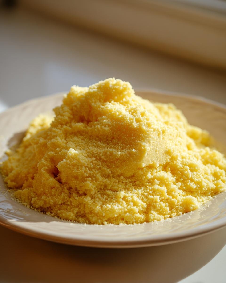 A close-up shot of a mound of dry, yellow polenta grains resting on a light-colored plate.