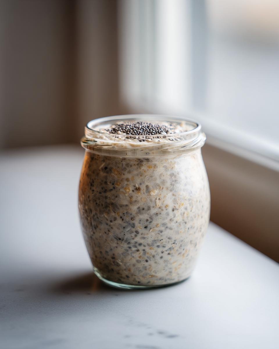 A glass jar filled with creamy Easy Overnight Oats mixed with chia seeds and topped with extra chia seeds.