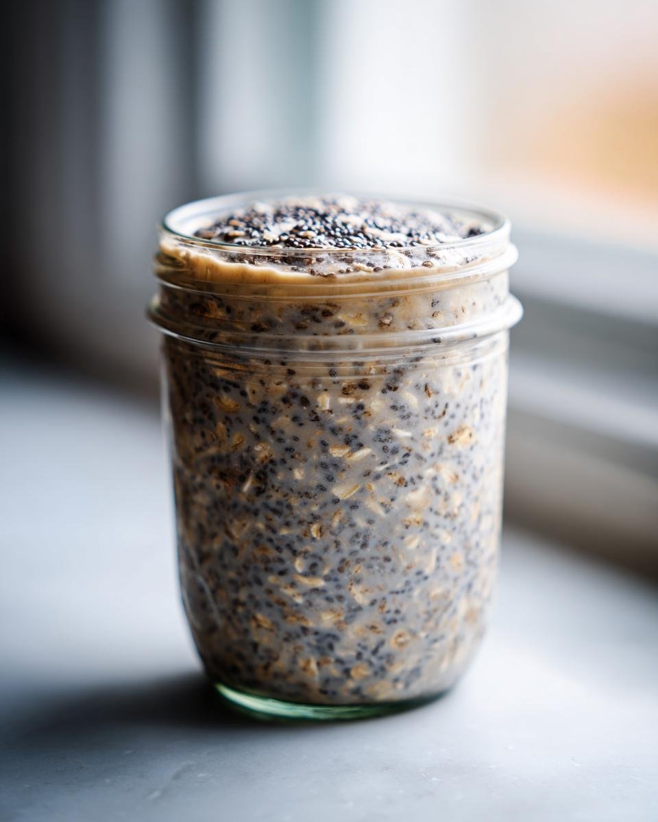 Close-up of Easy Overnight Oats in a glass jar, showing soaked oats, milk, and a topping of chia seeds.
