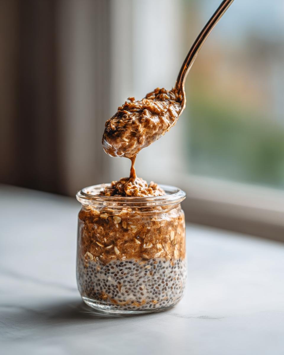 A spoonful of creamy Easy Overnight Oats being lifted from a jar showing chia seeds below.