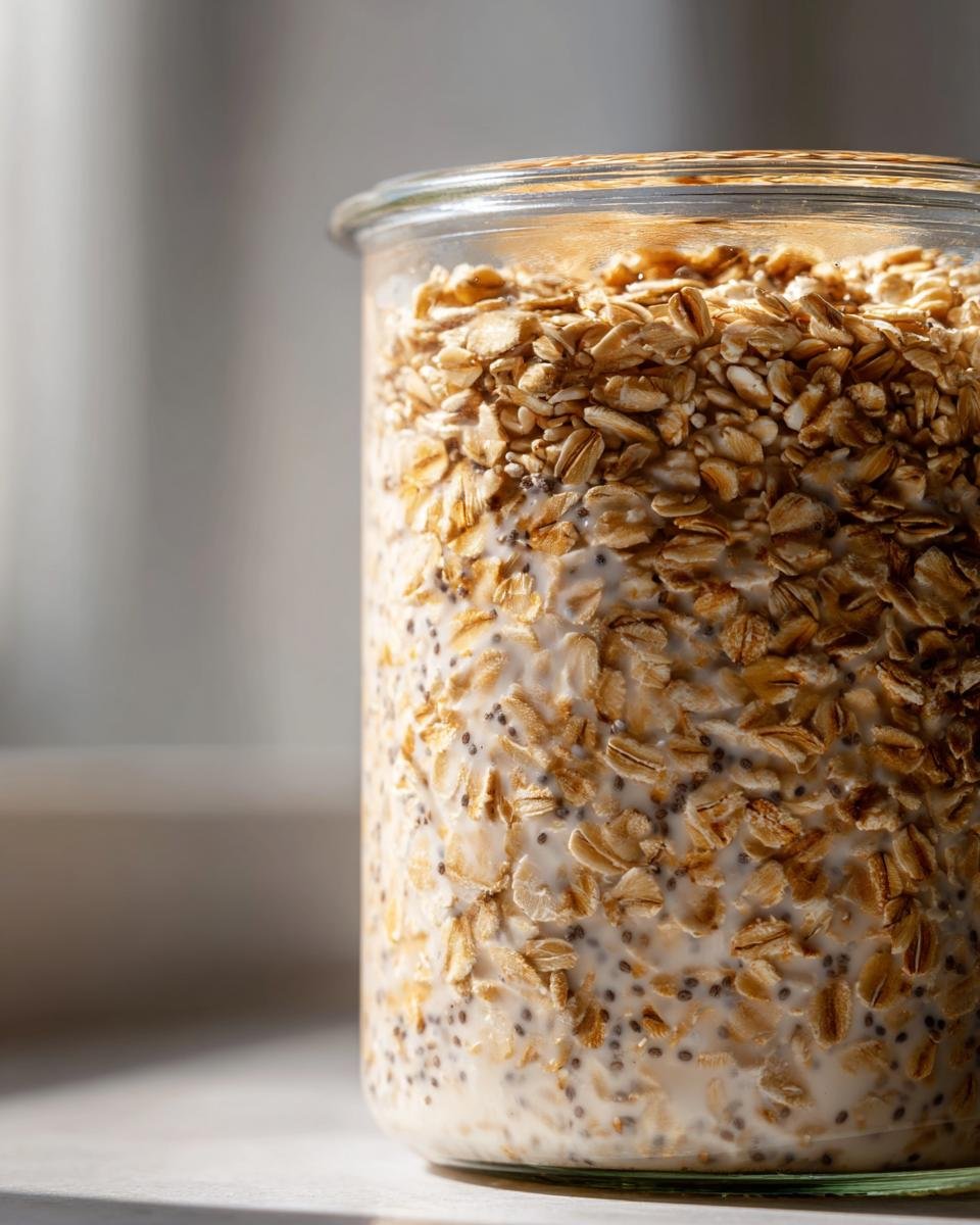 Close-up of uncooked rolled oats and chia seeds soaking in milk for Easy Overnight Oats in a clear jar.
