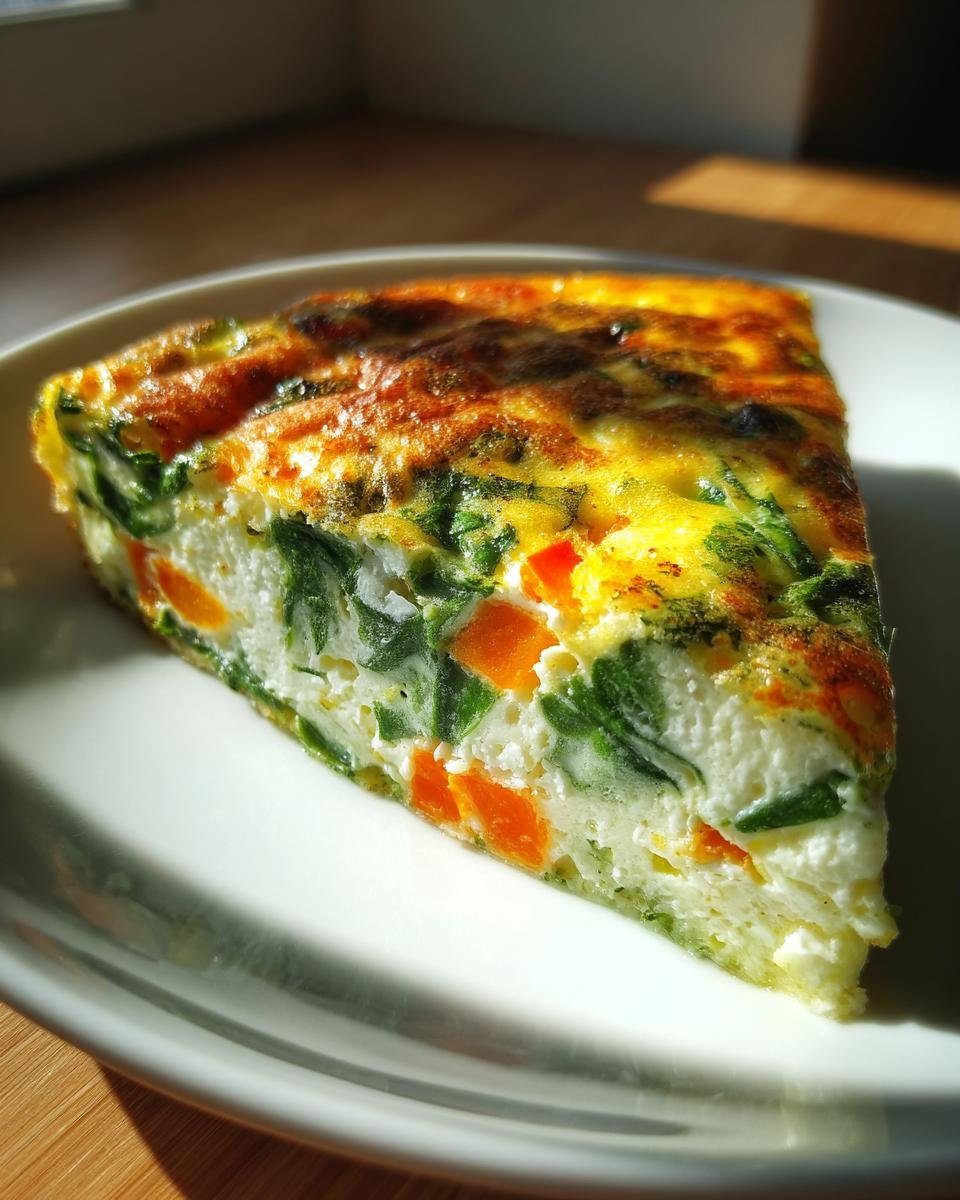 A thick slice of vibrant Egg White Frittata filled with spinach and orange peppers on a white plate.