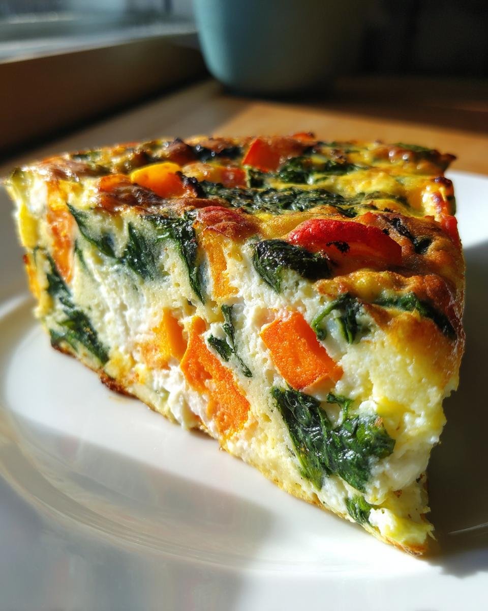 Close-up of a thick slice of Egg White Frittata packed with bright orange carrots and dark green spinach on a white plate.