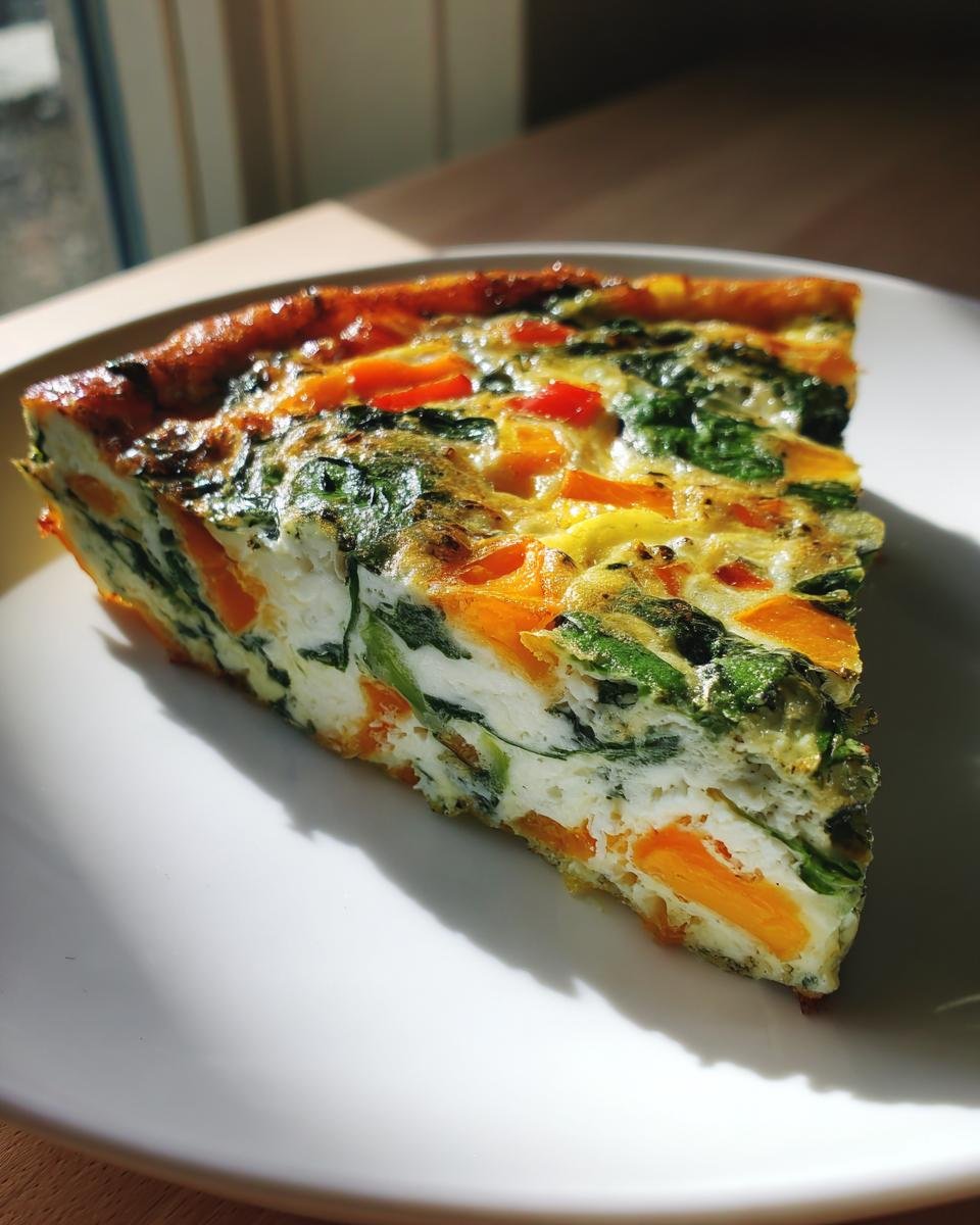 A vibrant slice of Egg White Frittata packed with spinach and orange vegetables, served on a white plate.