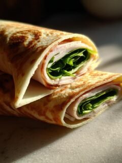 Two rolled Egg White Wraps filled with slices of ham and fresh green spinach, resting on a light surface.