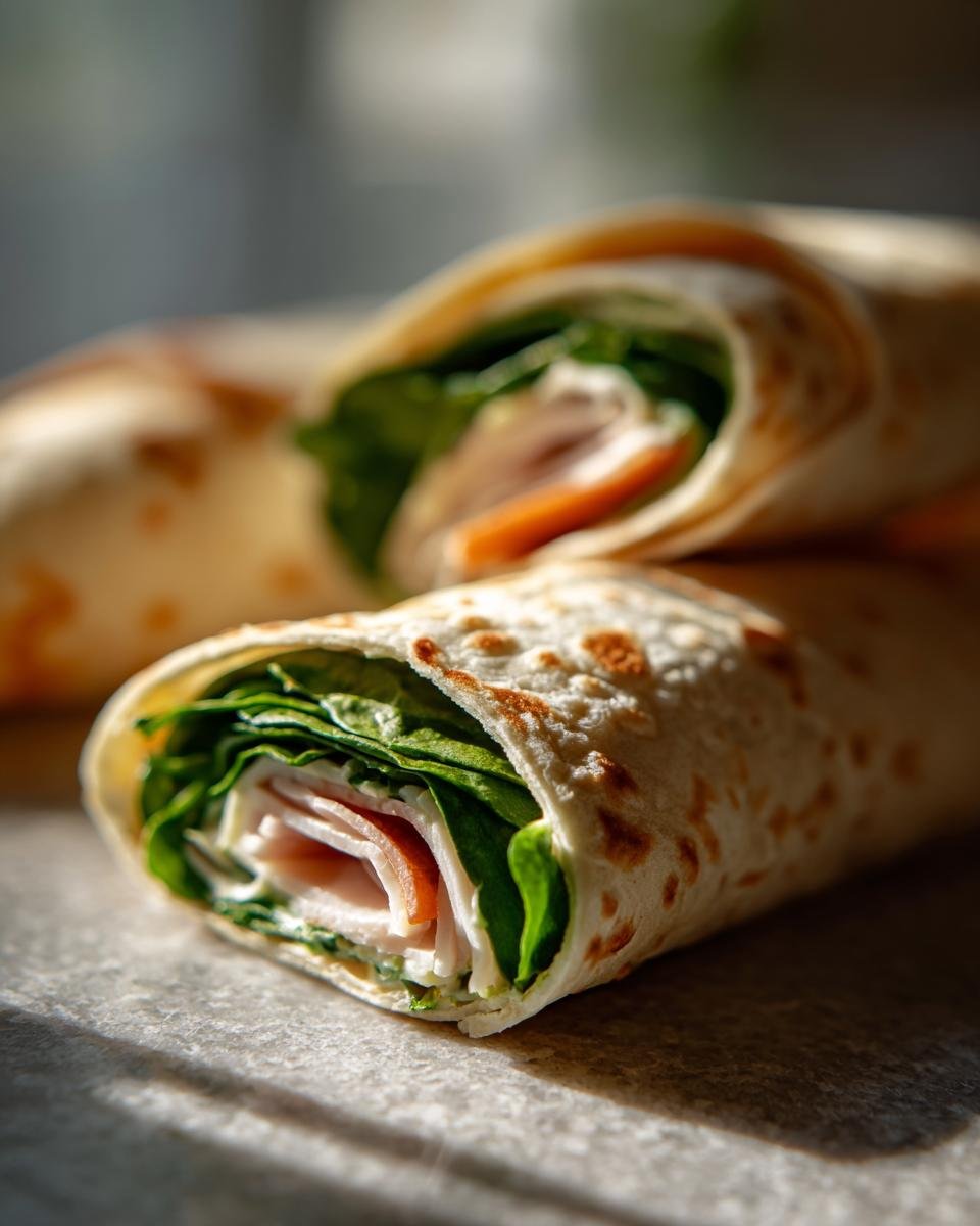 Close-up of one of the delicious Egg White Wraps filled with sliced ham, white cheese, and fresh spinach leaves.