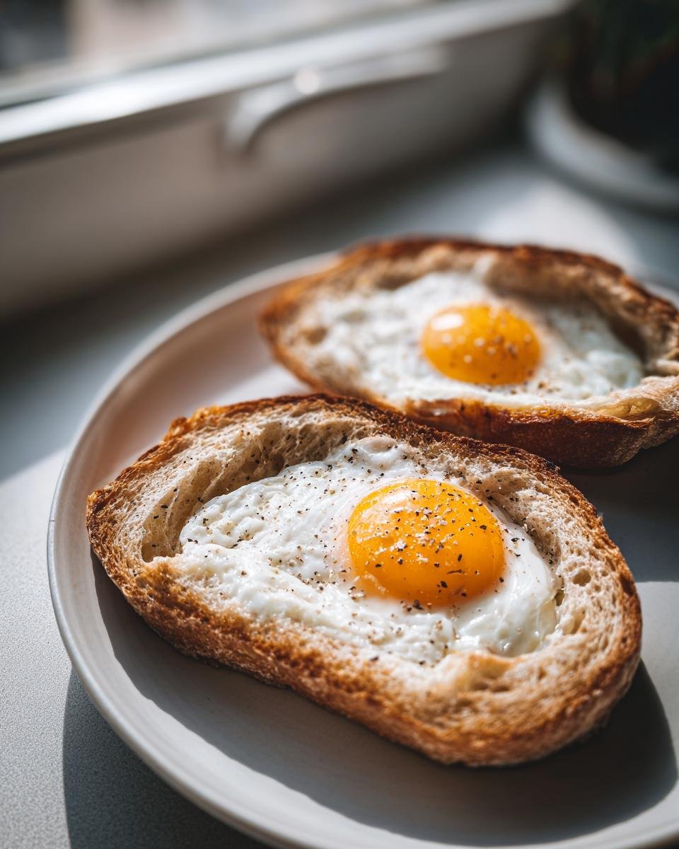 Two slices of toasted bread with perfectly cooked Eggs In A Basket, seasoned with pepper.