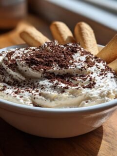 A white bowl filled with creamy Tiramisu Dip, topped with cocoa powder and surrounded by ladyfinger cookies.