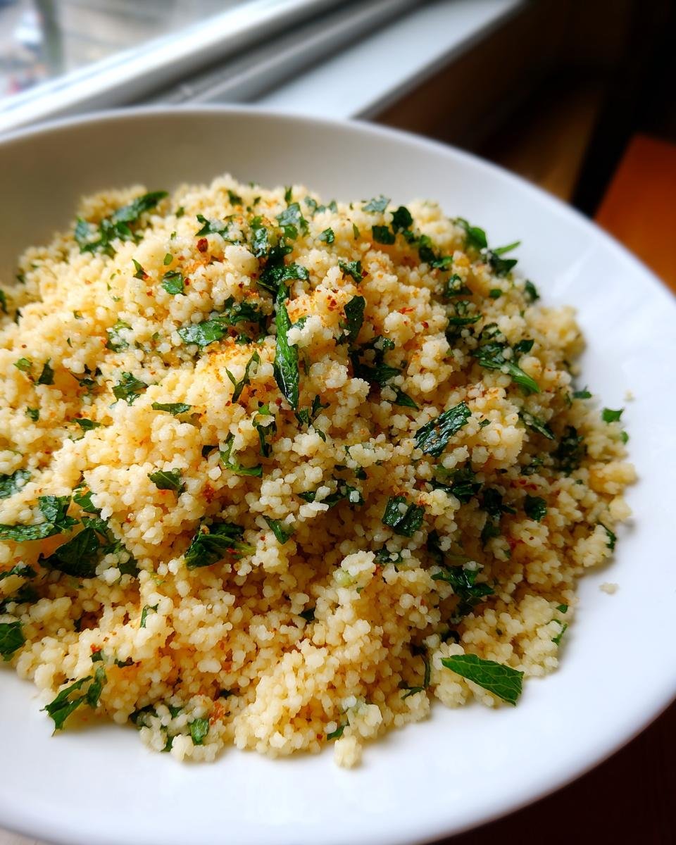 Close-up of fluffy, seasoned couscous mixed with fresh green herbs in a white bowl.