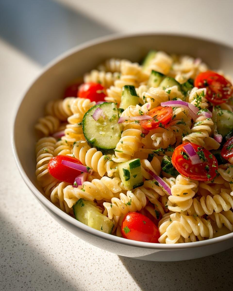 Close-up of a fresh pasta salad with cucumbers, tomatoes, and red onion, perfect for Weight Watchers Pasta Recipes.