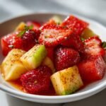 Close-up of fresh fruit salad featuring strawberries, pineapple, and watermelon tossed in spicy Tajin Recipes seasoning.
