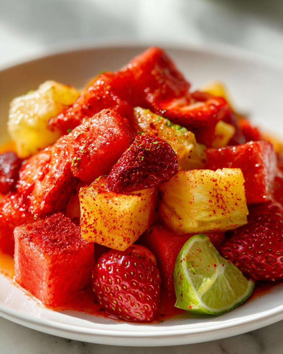 Close-up of fresh fruit salad featuring watermelon, pineapple, and strawberries dusted heavily with red Tajin Recipes seasoning.