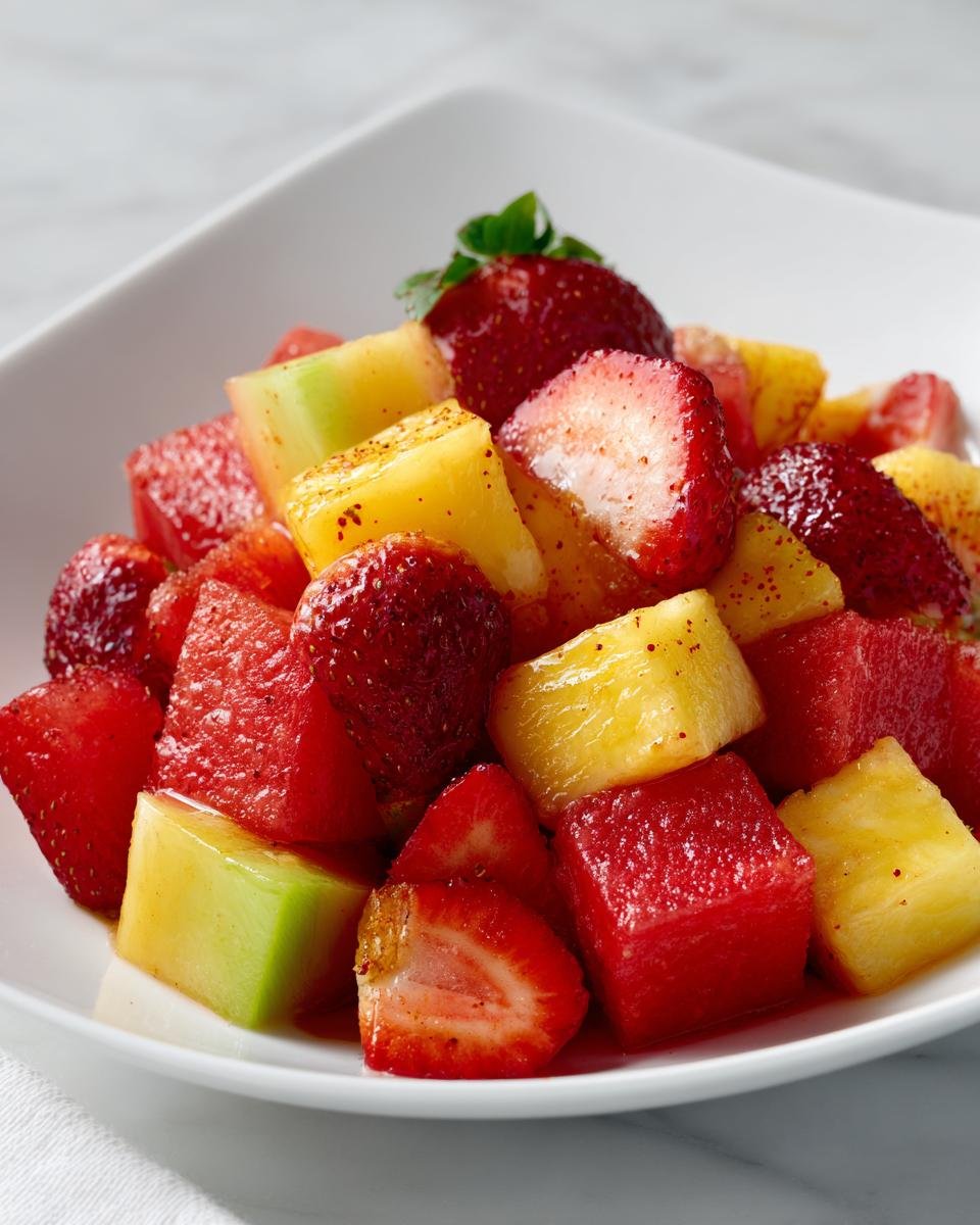 Close-up of fresh fruit salad featuring strawberries, watermelon, and pineapple dusted with Tajin Recipes seasoning.
