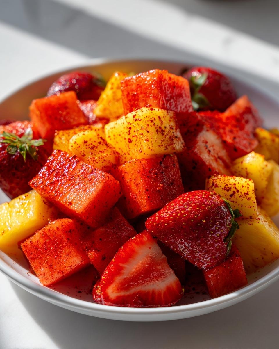 Close-up of fresh fruit salad with strawberries, pineapple, and watermelon dusted heavily with Tajin Recipes seasoning.