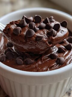 A spoonful of rich, fudgy Brownie Batter Dip topped with chocolate chips being lifted from a white ramekin.
