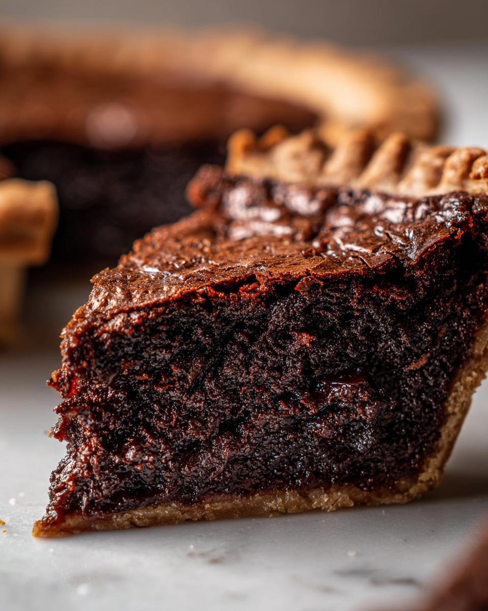A close-up shot showing the rich, fudgy interior texture of a slice of Brownie Pie in a flaky crust.