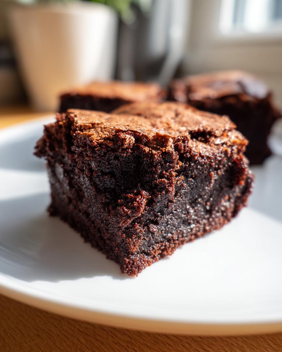 Close-up of a rich, fudgy brownie square showing a crackly top, part of several Brownie Recipes.
