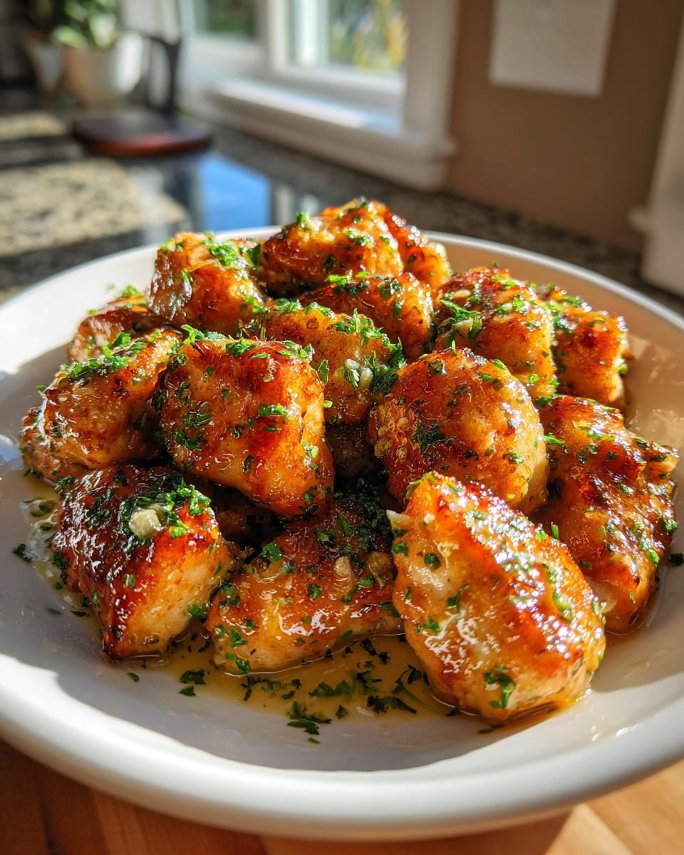 A white bowl filled with golden brown Garlic Butter Chicken Bites glistening in sauce and topped with fresh parsley.