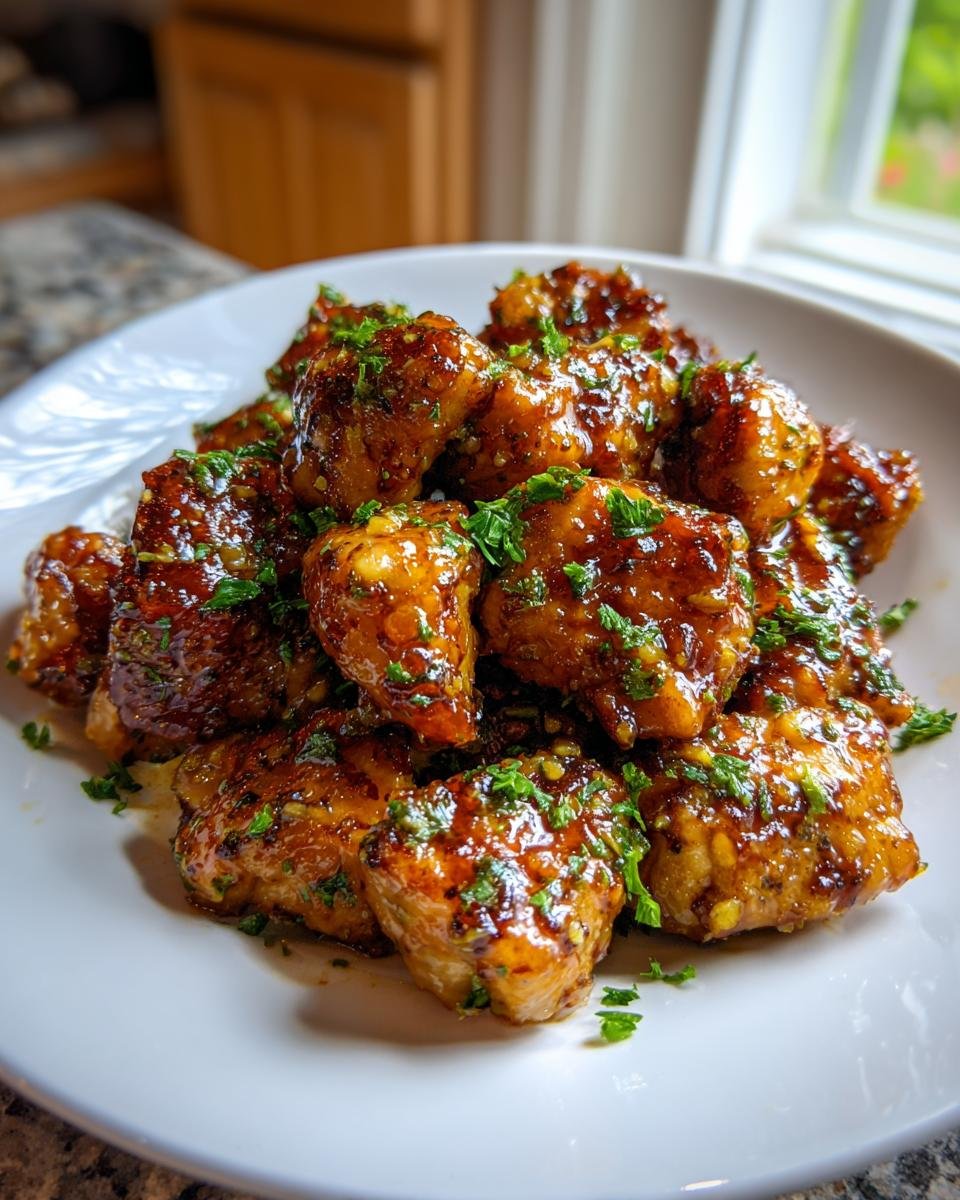 A close-up of a pile of glistening Garlic Butter Chicken Bites coated in sauce and topped with fresh parsley.