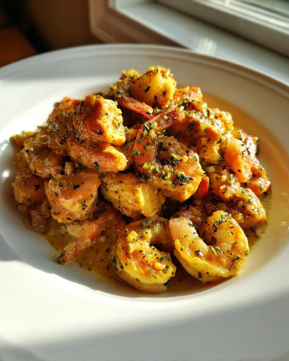 Close-up of succulent shrimp saut&eacute;ed in a rich, yellow garlic butter sauce with visible green herbs.