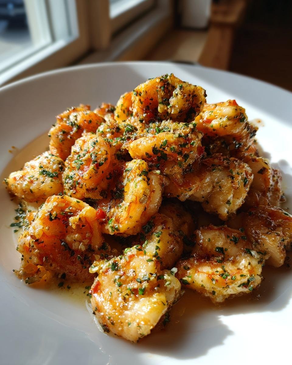 Close-up of glistening, saut&eacute;ed shrimp coated in garlic butter and herbs, perfect for Chicken And Shrimp Recipes.