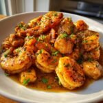 Close-up of succulent, seasoned shrimp coated in a rich, buttery sauce and garnished with fresh parsley, perfect for Chicken And Shrimp Recipes.