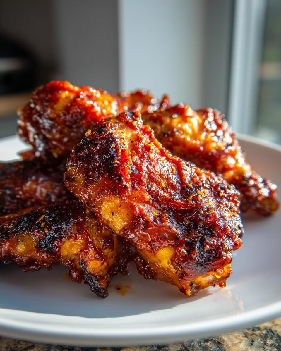 Close-up of crispy, glazed chicken wings coated in a spicy red sauce, perfect for Gochujang Recipes.