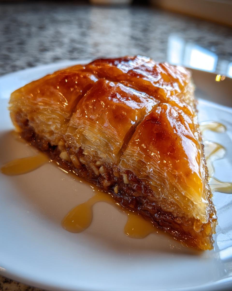 A single, glistening slice of Coconut Baklava, drizzled with syrup, sitting on a white plate.
