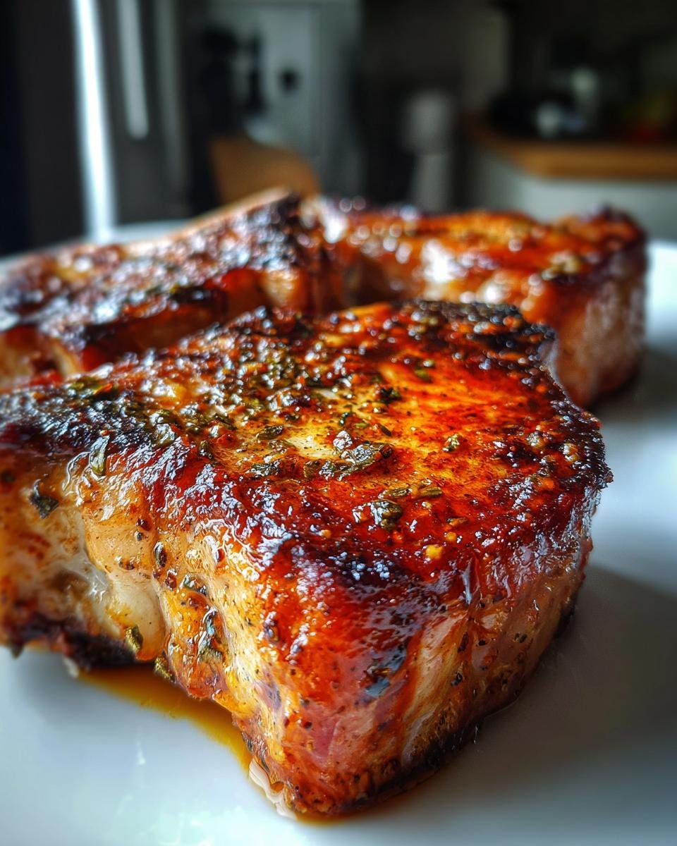Close-up of two thick, juicy pork chops with a rich, dark glaze and herbs, ready to eat.