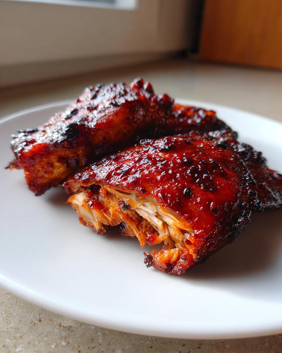 Close-up of tender, shredded chicken coated in a thick, shiny, dark red Gochujang glaze on a white plate.