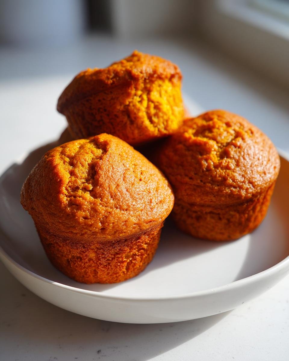 Three freshly baked, golden-orange Pumpkin Muffins stacked slightly on a white plate, highlighted by sunlight.