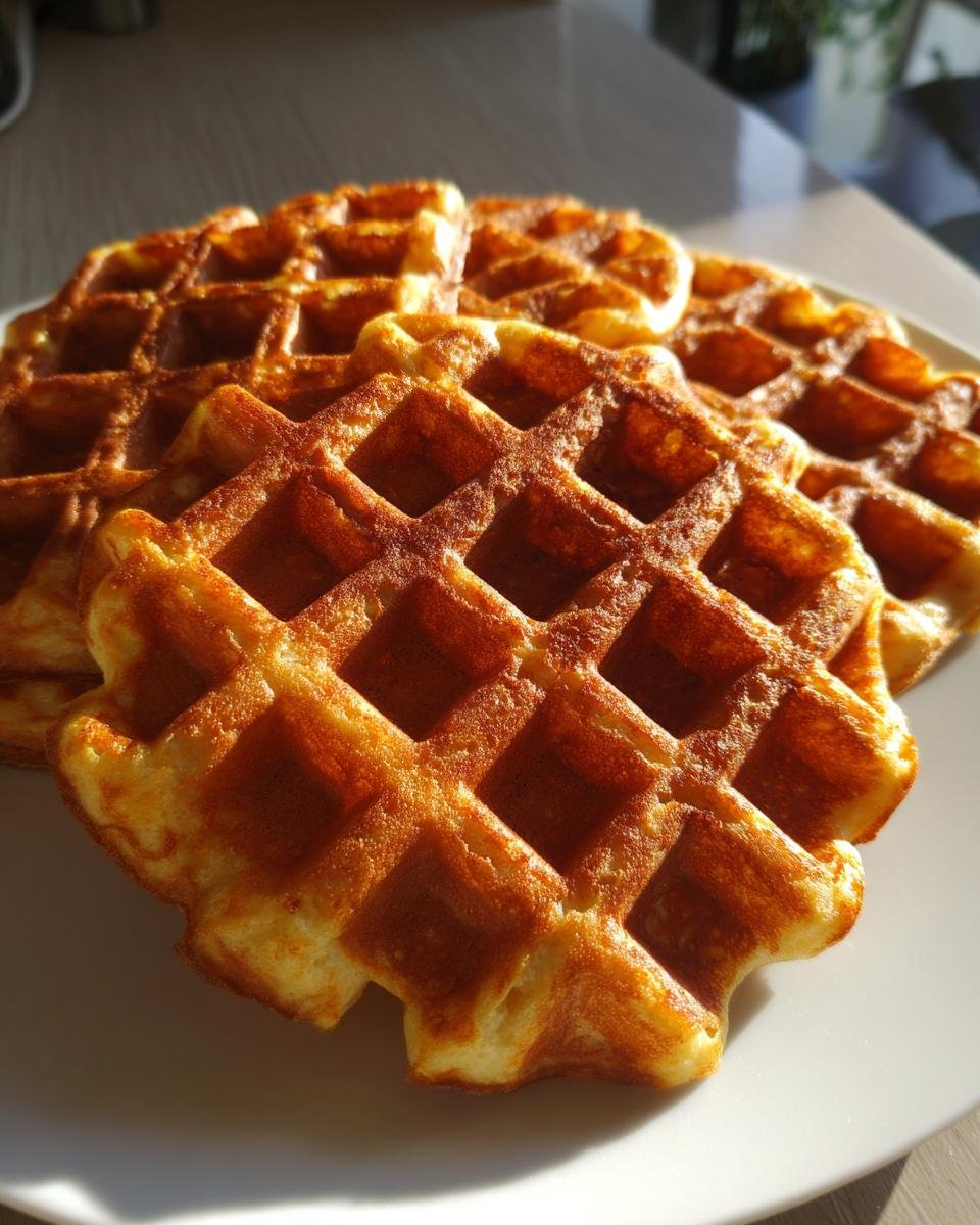 Close-up of golden brown, freshly made Banana Waffles stacked on a white plate.