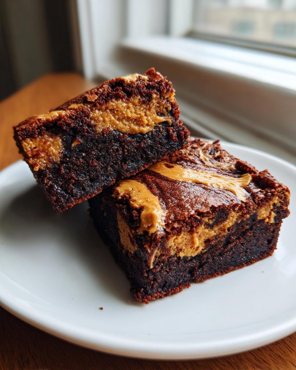 Two rich, dark chocolate Peanut Butter Brownies stacked slightly on a white plate, showing a gooey peanut butter swirl filling.
