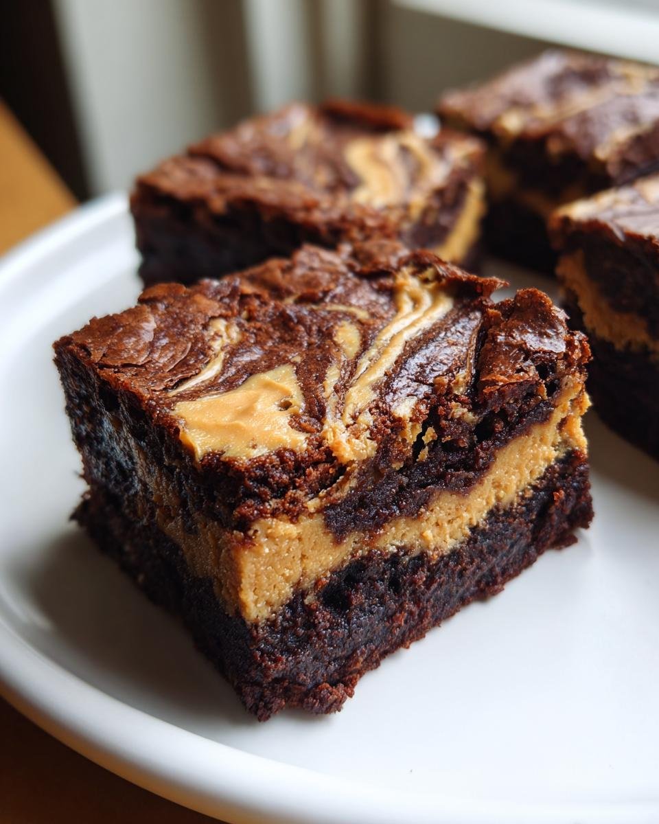 A close-up of a rich, fudgy Peanut Butter Brownies square showing a thick peanut butter layer.