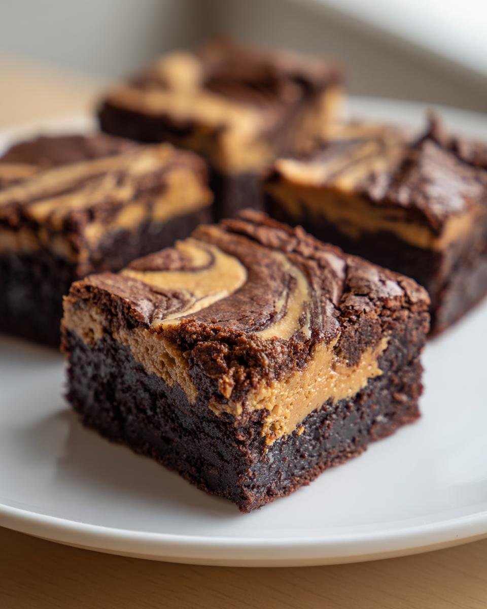 A close-up of a fudgy, dark chocolate Peanut Butter Brownies square with a creamy peanut butter swirl topping.