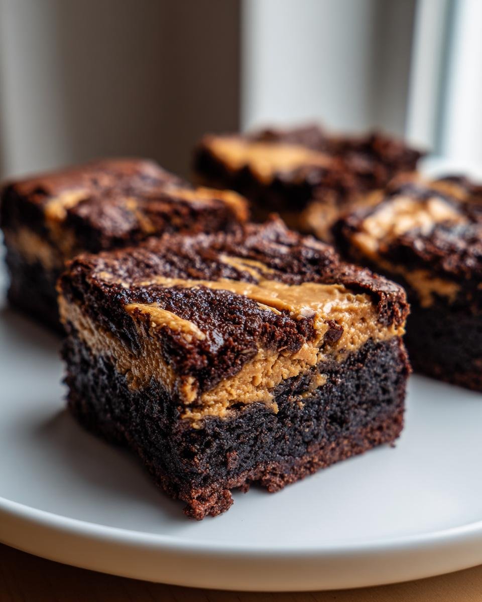 Close-up of a rich, dark chocolate Peanut Butter Brownies square with a thick, gooey peanut butter swirl on top.